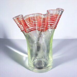 Tall Art Glass Vase With Ruffled Edges Clear Red Swirls Lines On Top Glass Vase